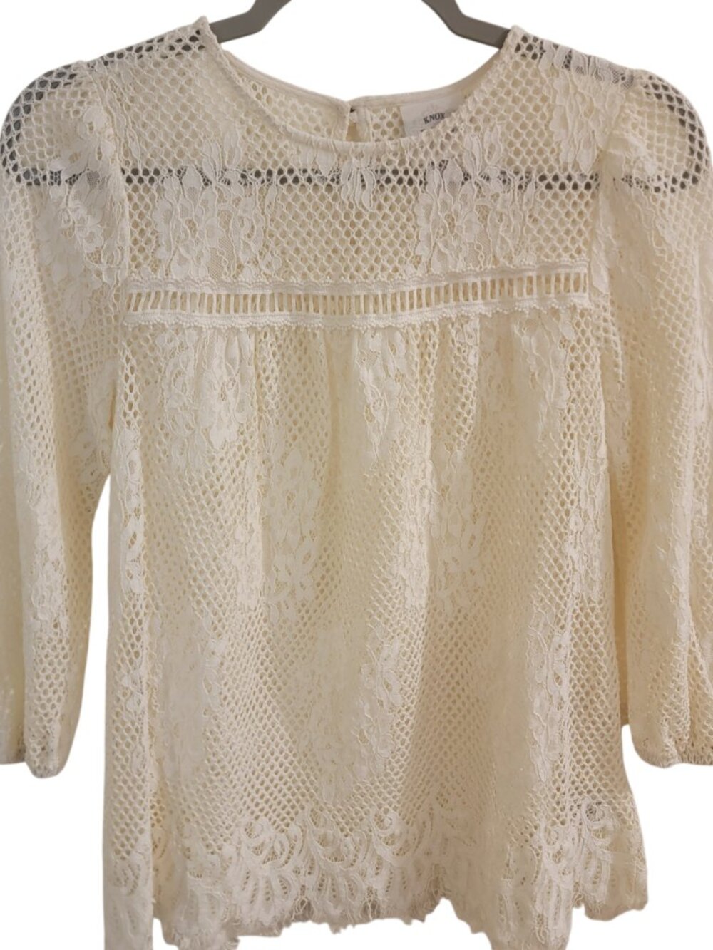 Knox Rose XS Ivory Lace Crochet Tunic Top Boho Floral 3/4 Sleeve Loose Fit